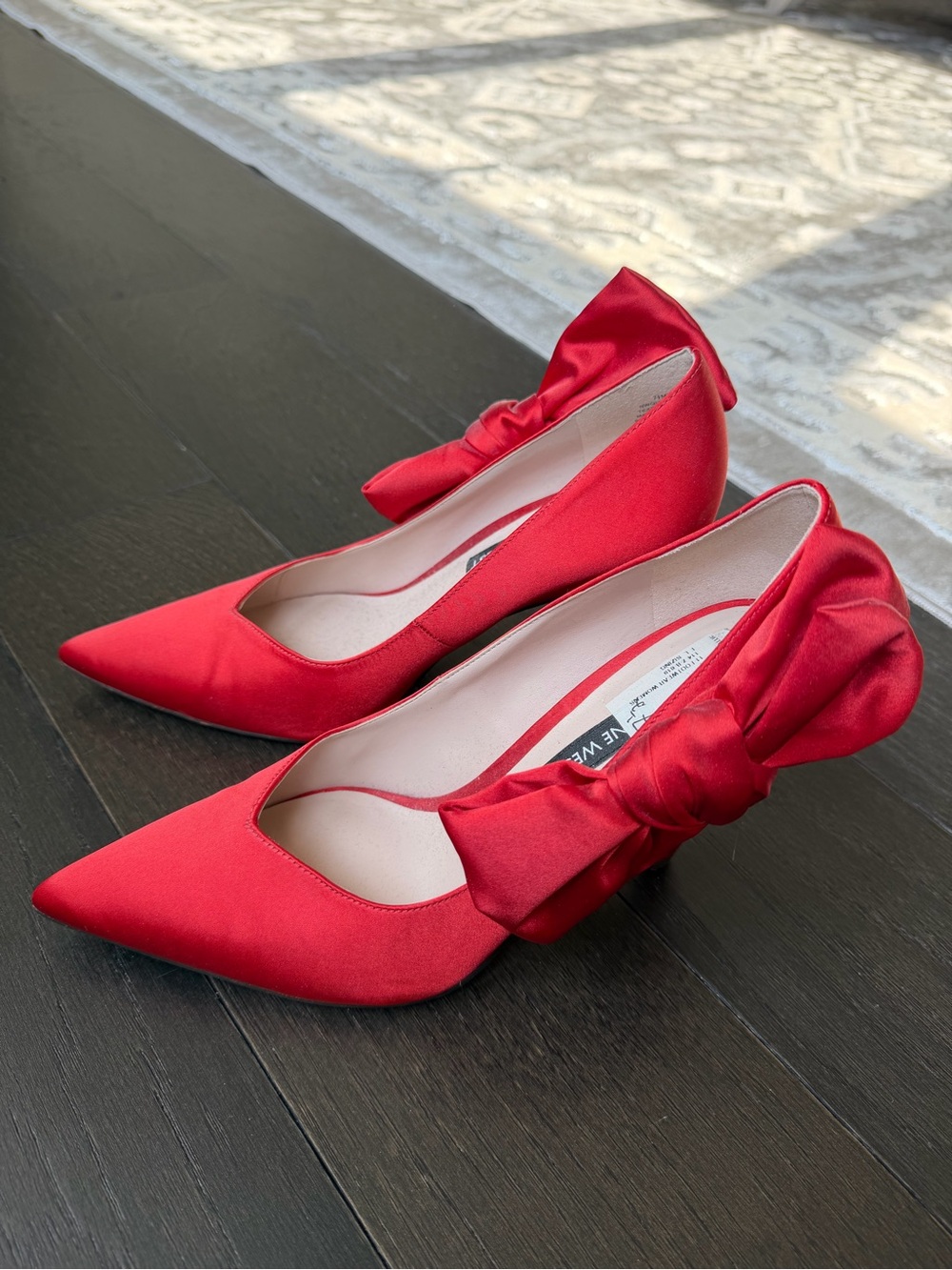 Nine Weat Red Satin Pointed-Toe Pumps with Bow Accent - Women